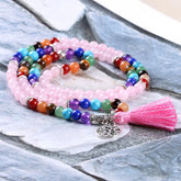 Friendship Strand Bracelets for Girls featuring colorful natural stone beads and a pink tassel charm.