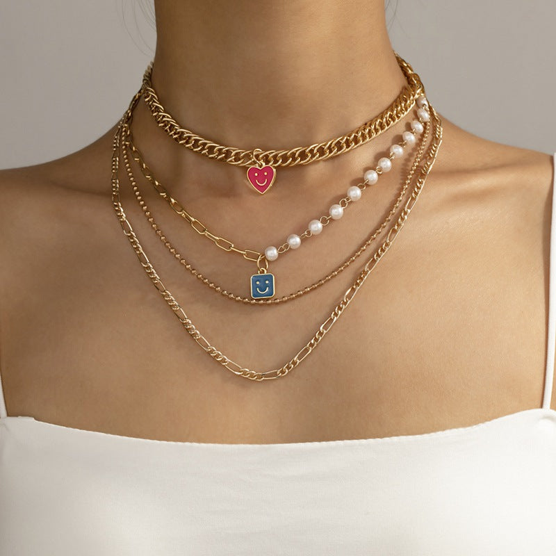Enamel Smiley Face Charms Pearl Necklace Boho