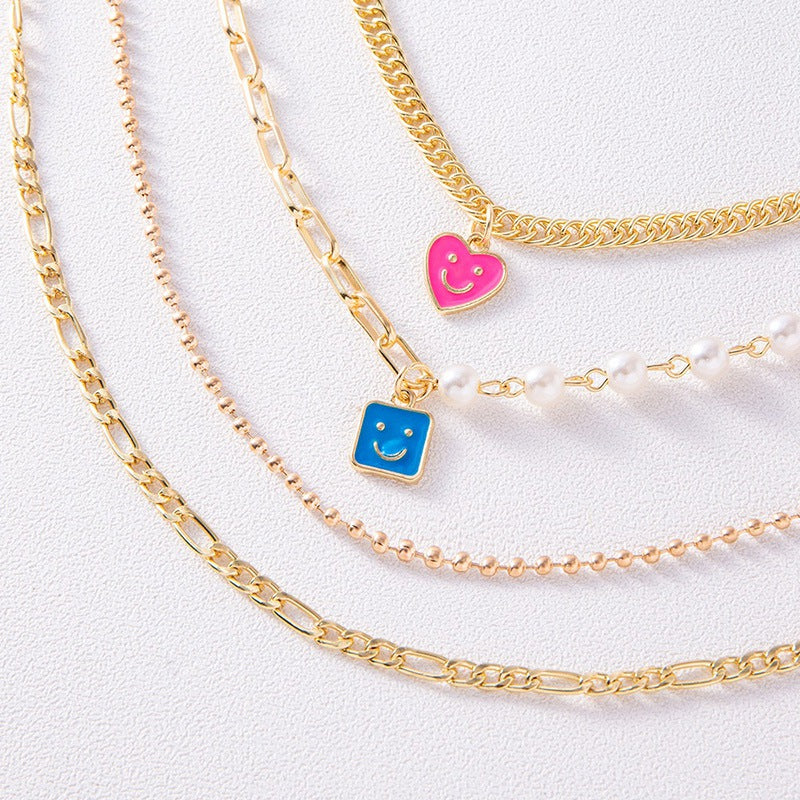 Enamel Smiley Face Charms Pearl Necklace Boho
