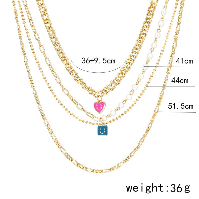 Enamel Smiley Face Charms Pearl Necklace Boho