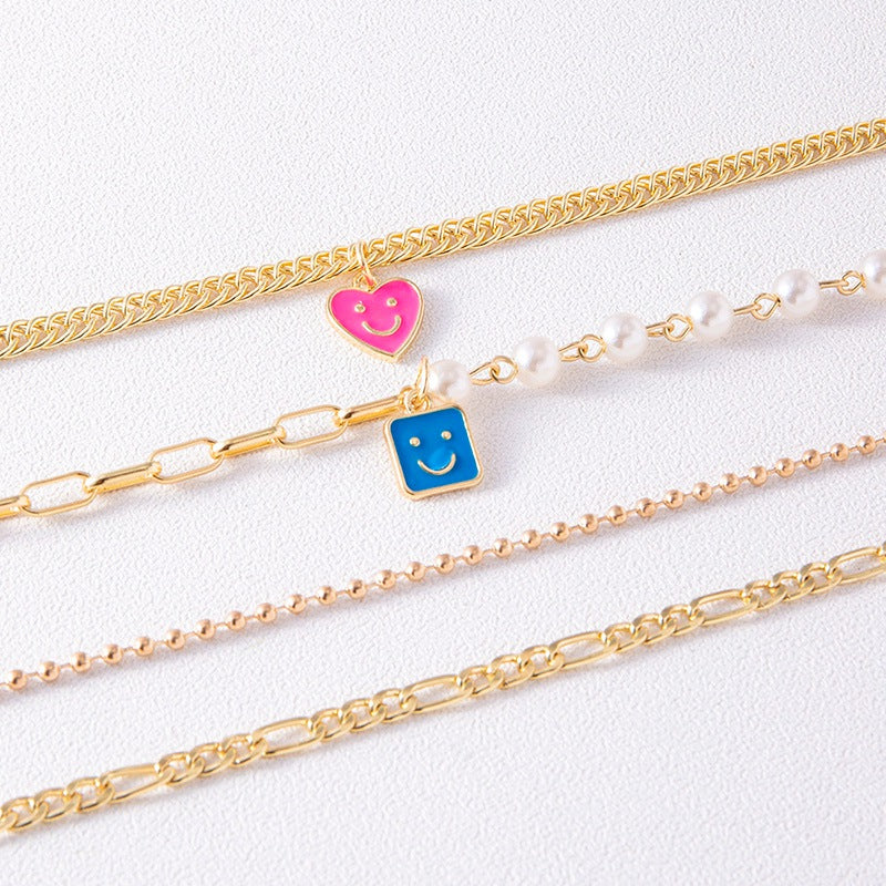 Enamel Smiley Face Charms Pearl Necklace Boho