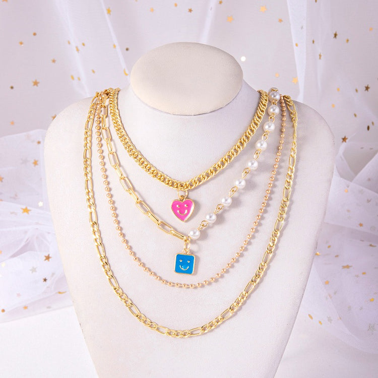Enamel Smiley Face Charms Pearl Necklace Boho
